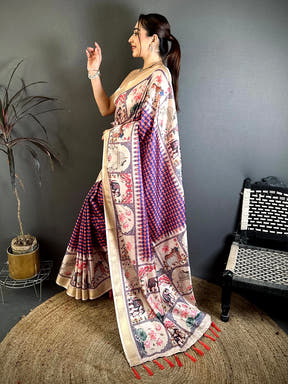 Radiant Soft Silk Checks Pichwai Print Saree