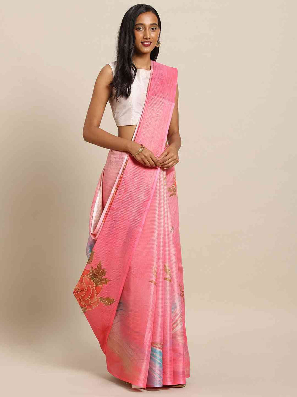 Pink Colour Maheshwari Floral Printed Saree With Zari Border