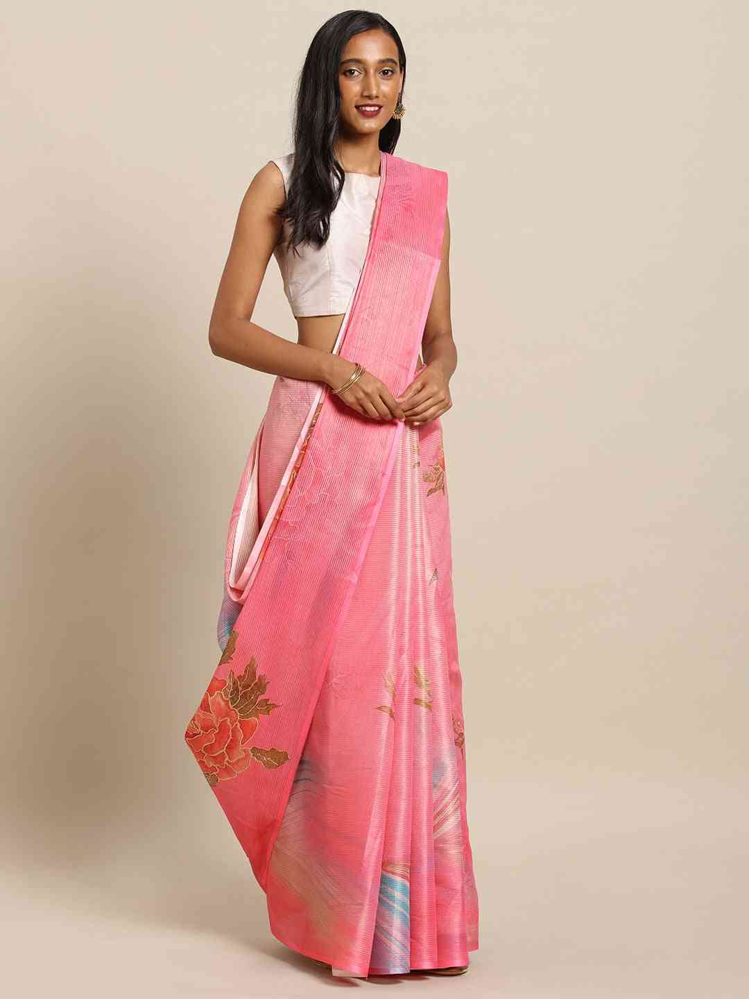Pink Colour Maheshwari Floral Printed Saree With Zari Border