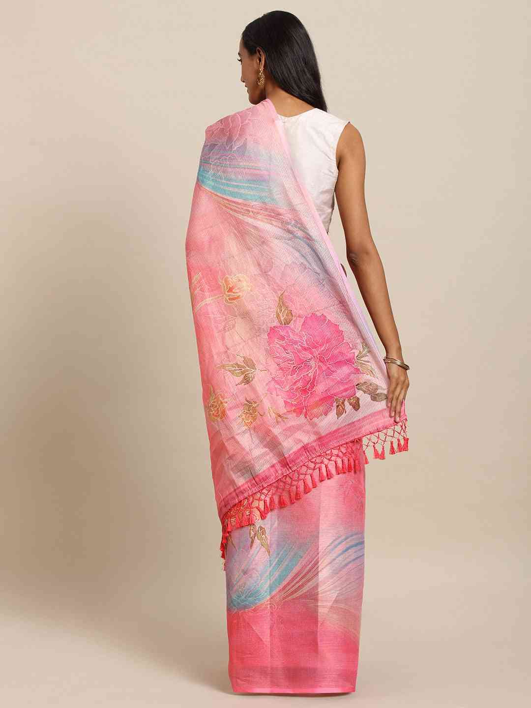 Pink Colour Maheshwari Floral Printed Saree With Zari Border