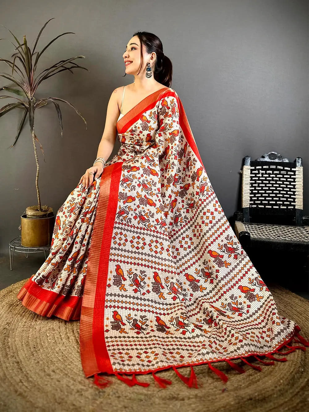 Red Bird Printed Tussar Check Saree