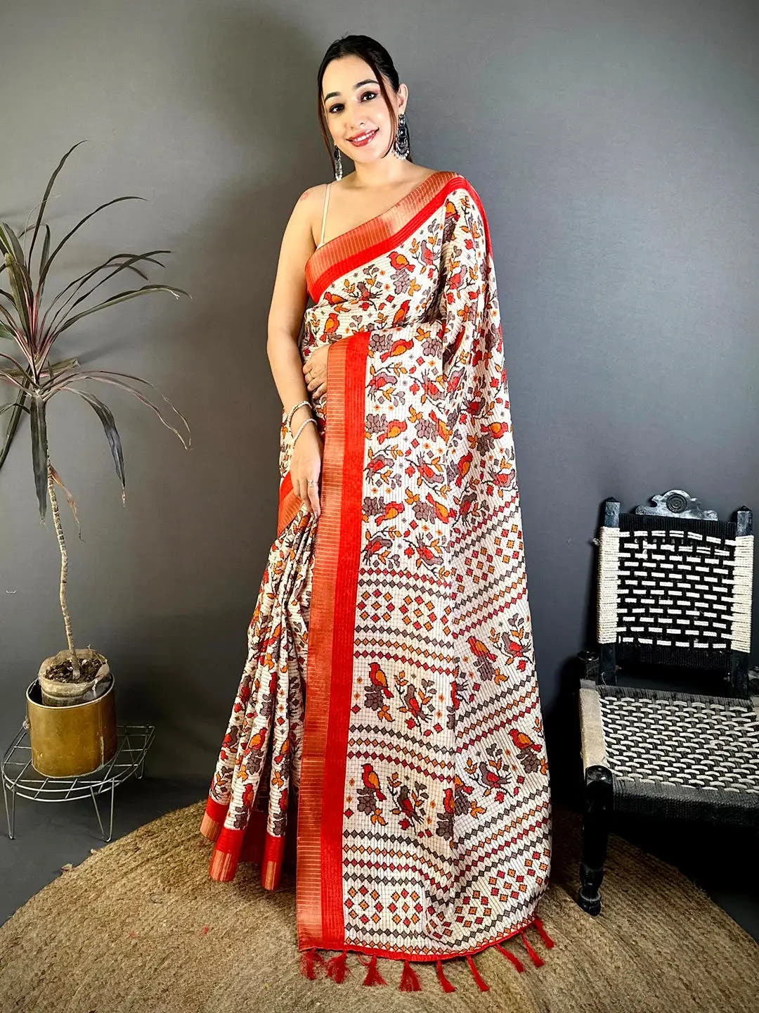 Red Bird Printed Tussar Check Saree