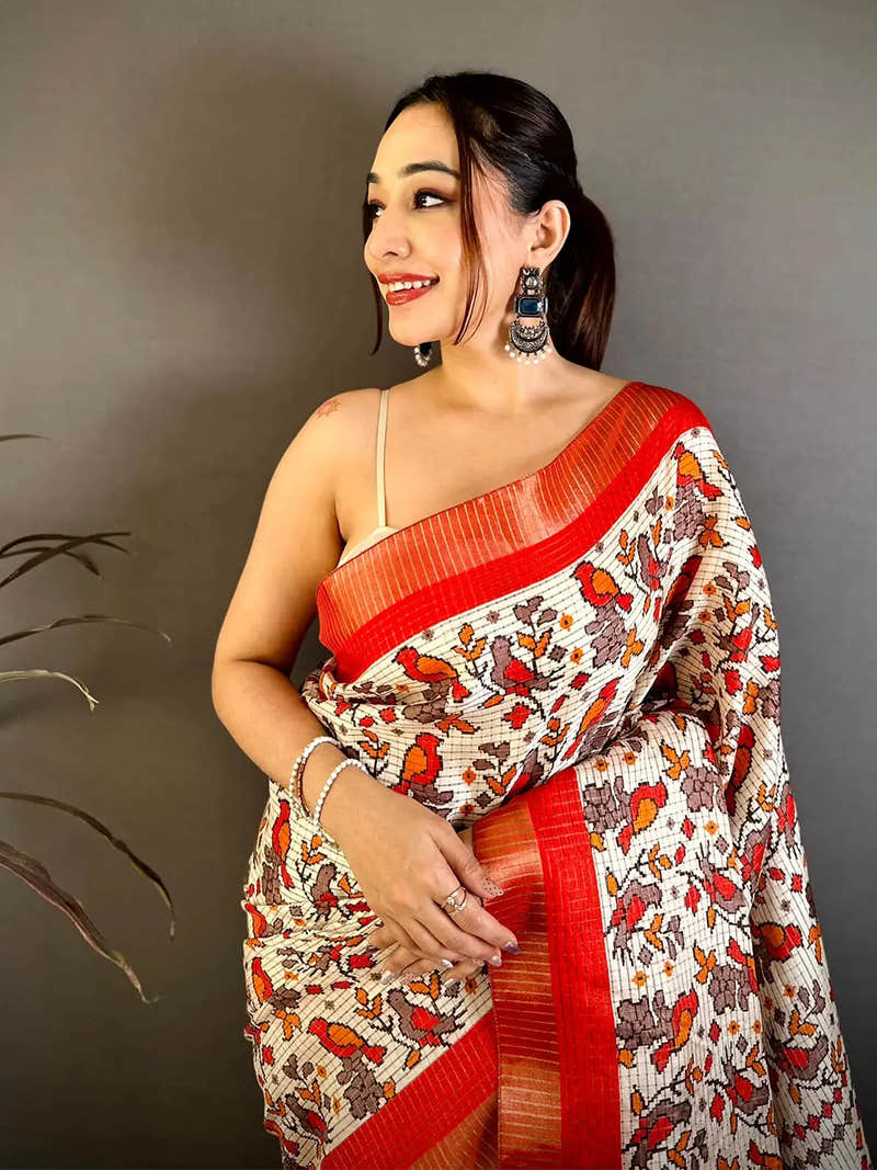 Red Bird Printed Tussar Check Saree