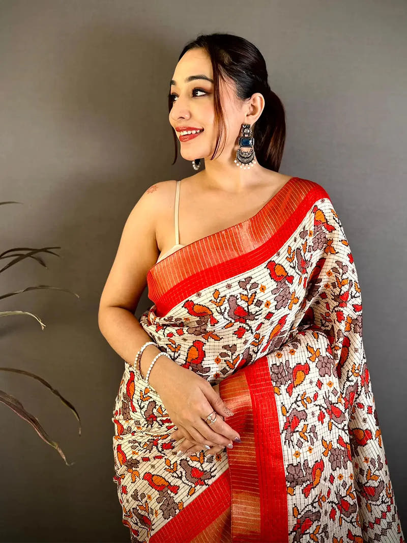 Red Bird Printed Tussar Check Saree
