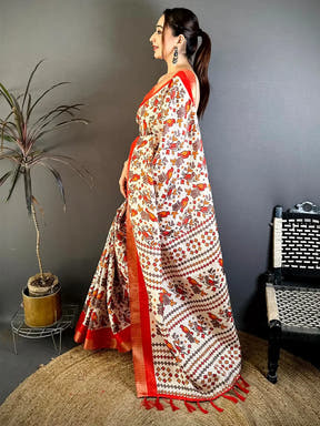 Red Bird Printed Tussar Check Saree