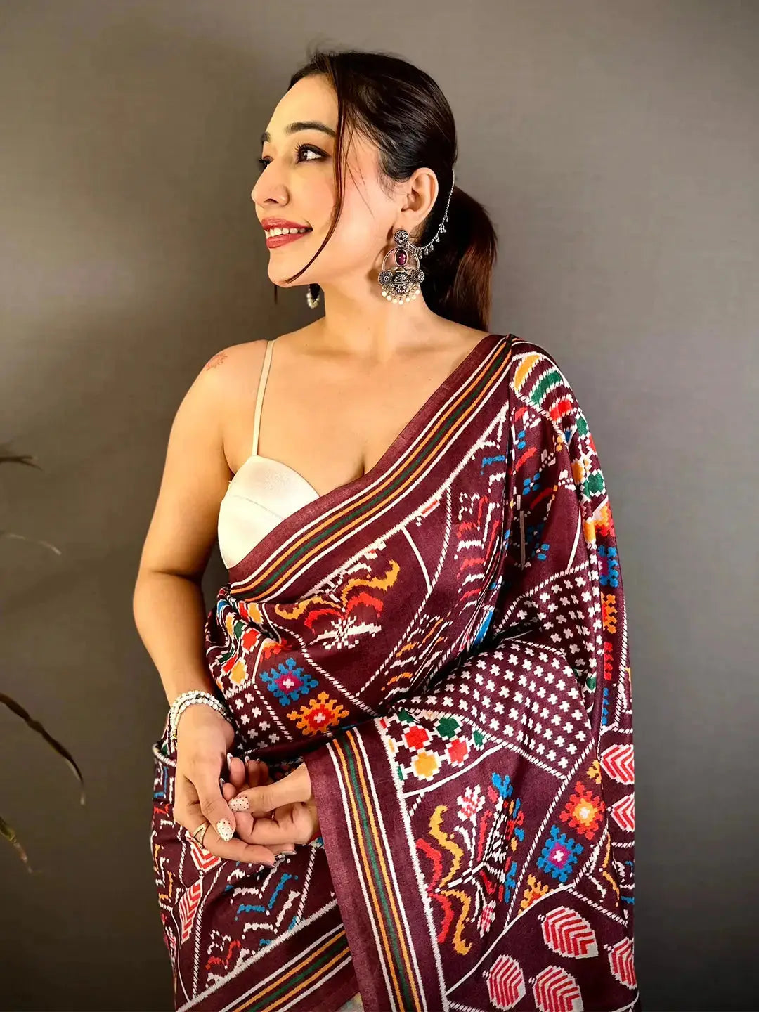 Rega Wine Patola Print Tussar Saree - view 2