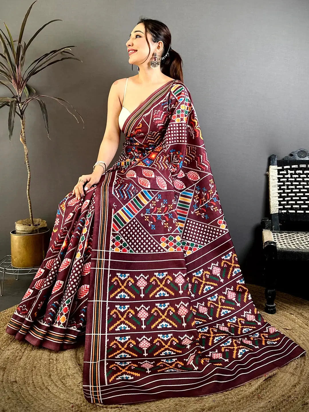 Rega Wine Patola Print Tussar Saree