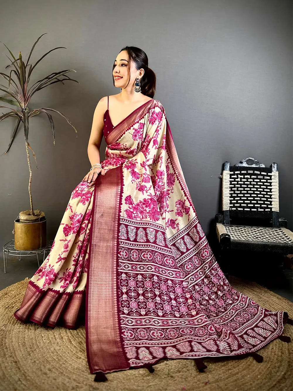 Royal Cream Floral Print Soft Dola Saree