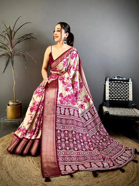 Royal Cream Floral Print Soft Dola Saree