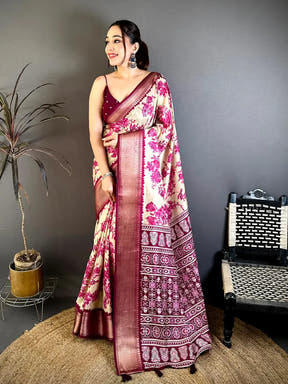 Royal Cream Floral Print Soft Dola Saree