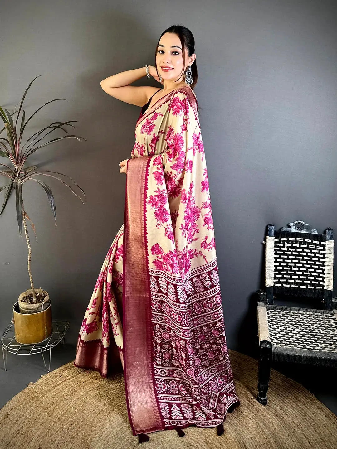 Royal Cream Floral Print Soft Dola Saree