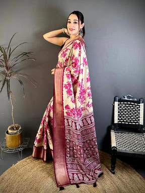 Royal Cream Floral Print Soft Dola Saree