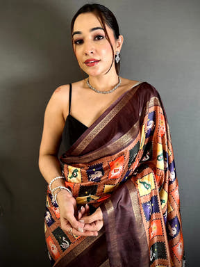 Rust Brown Soft Silk Patola Print Saree - view 2