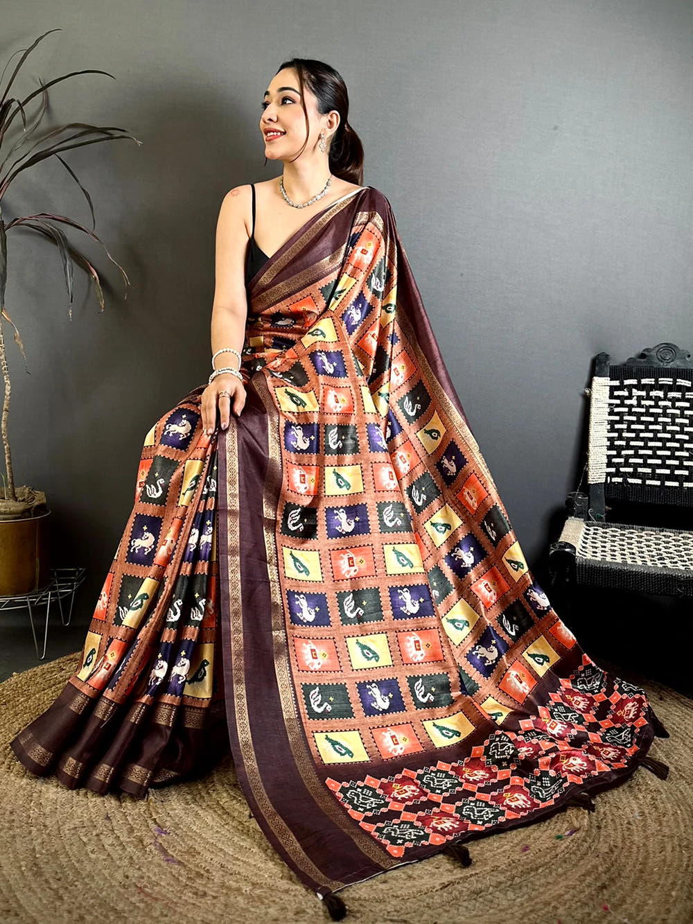 Rust Brown Soft Silk Patola Print Saree - view 3