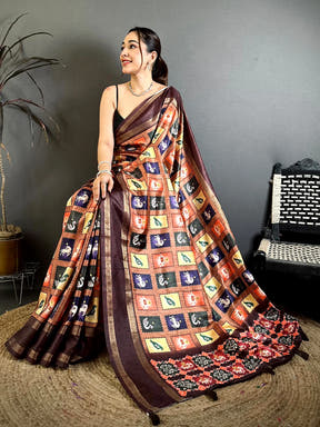 Rust Brown Soft Silk Patola Print Saree - view 3