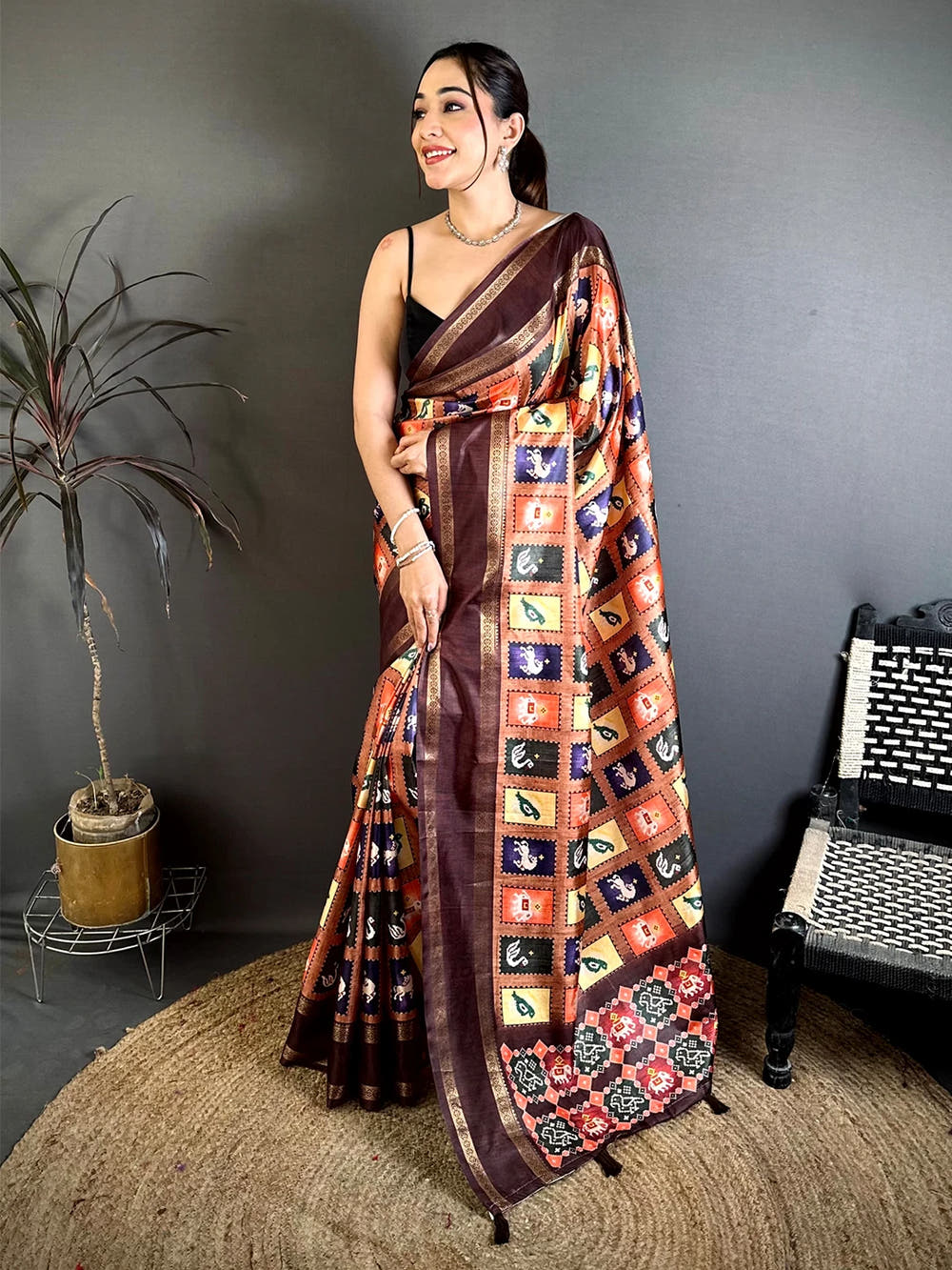 Rust Brown Soft Silk Patola Print Saree - view 4