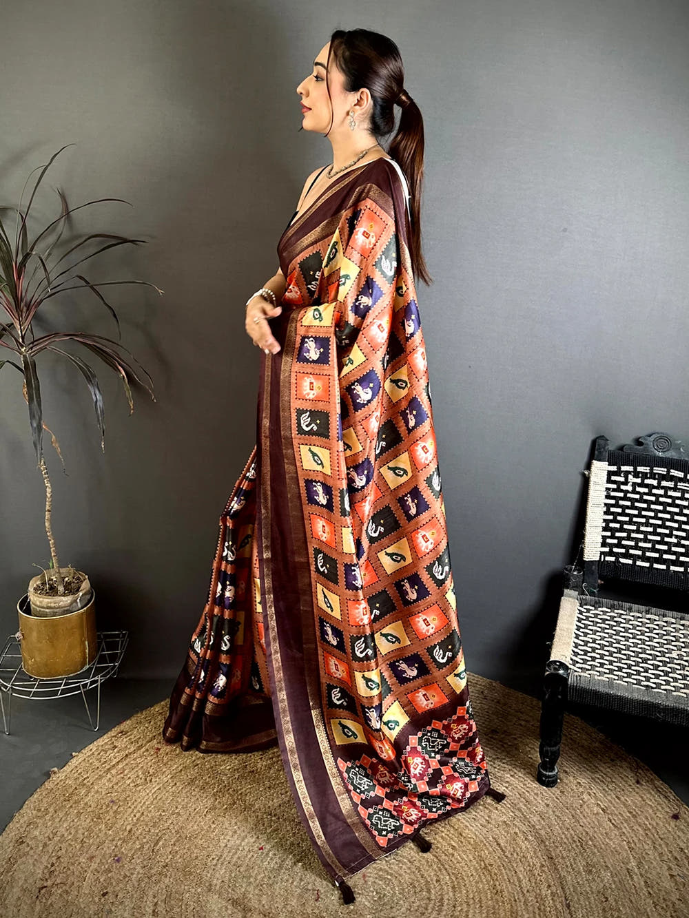Rust Brown Soft Silk Patola Print Saree