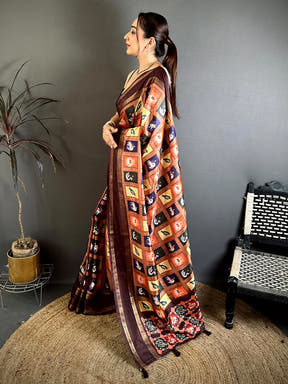 Rust Brown Soft Silk Patola Print Saree