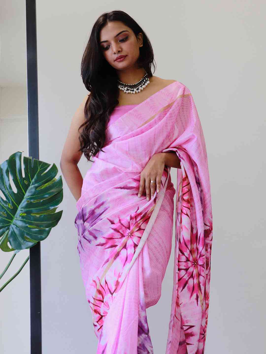 Pink tie dye satin Kota Doriya saree with floral design