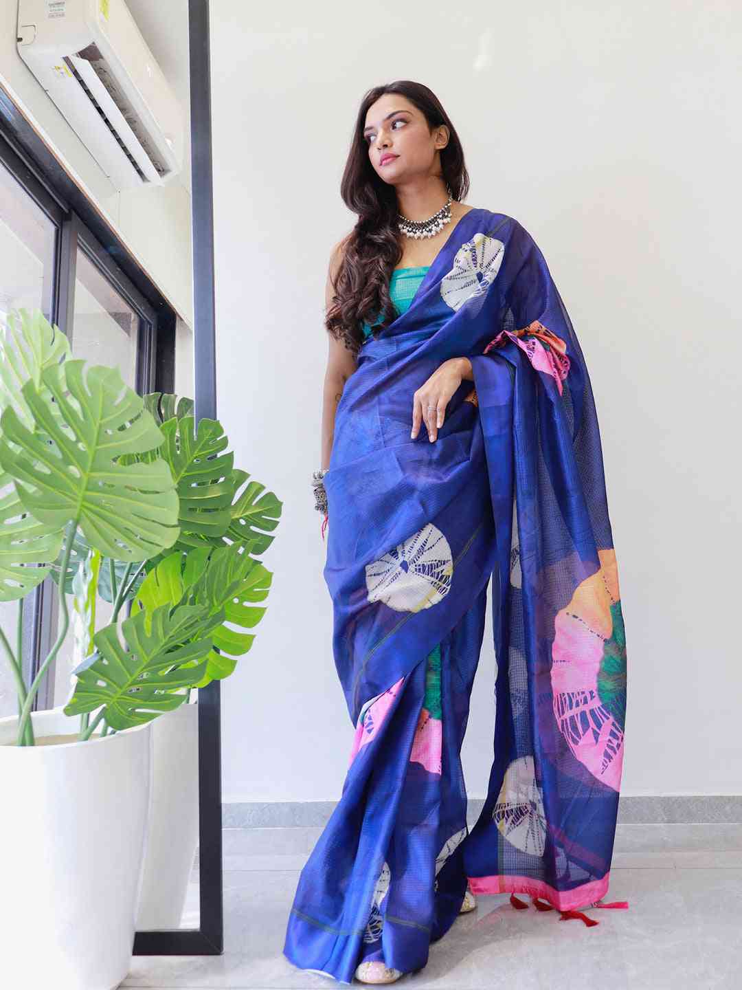 Blue tie dye digital printed satin Kota Doriya saree