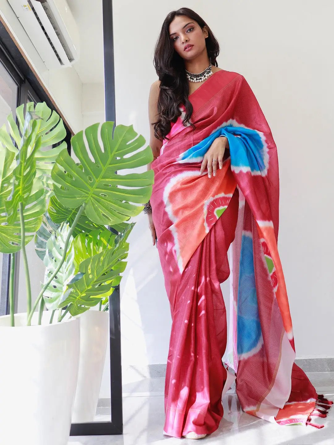 Red tie dye satin Kota Doriya saree with blue accents