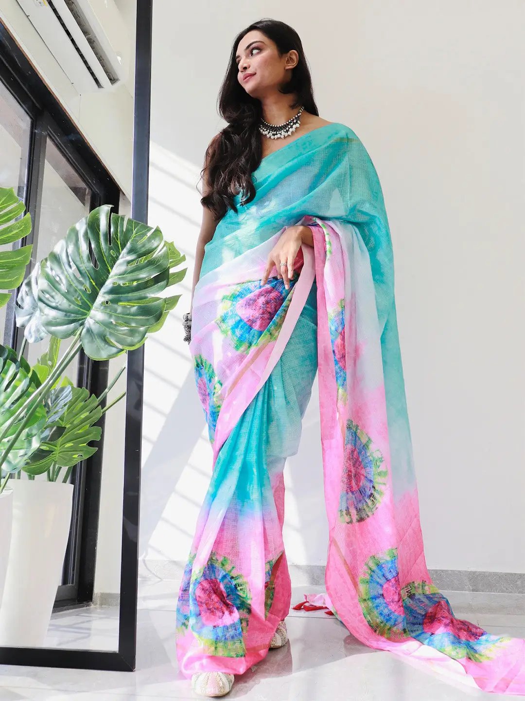 Tie Dye Digital Printed Satin Kota Doriya Saree