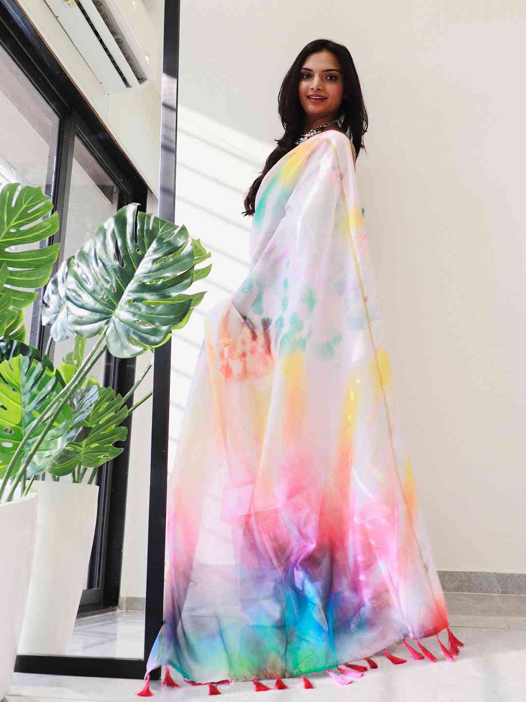 Colorful tie dye satin Kota Doria saree with intricate design