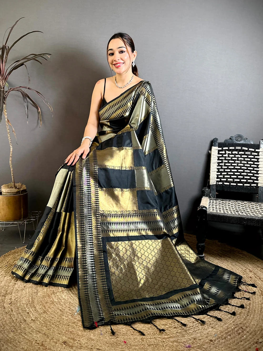 Stylish Black Soft Silk Gold Silver Zari Saree