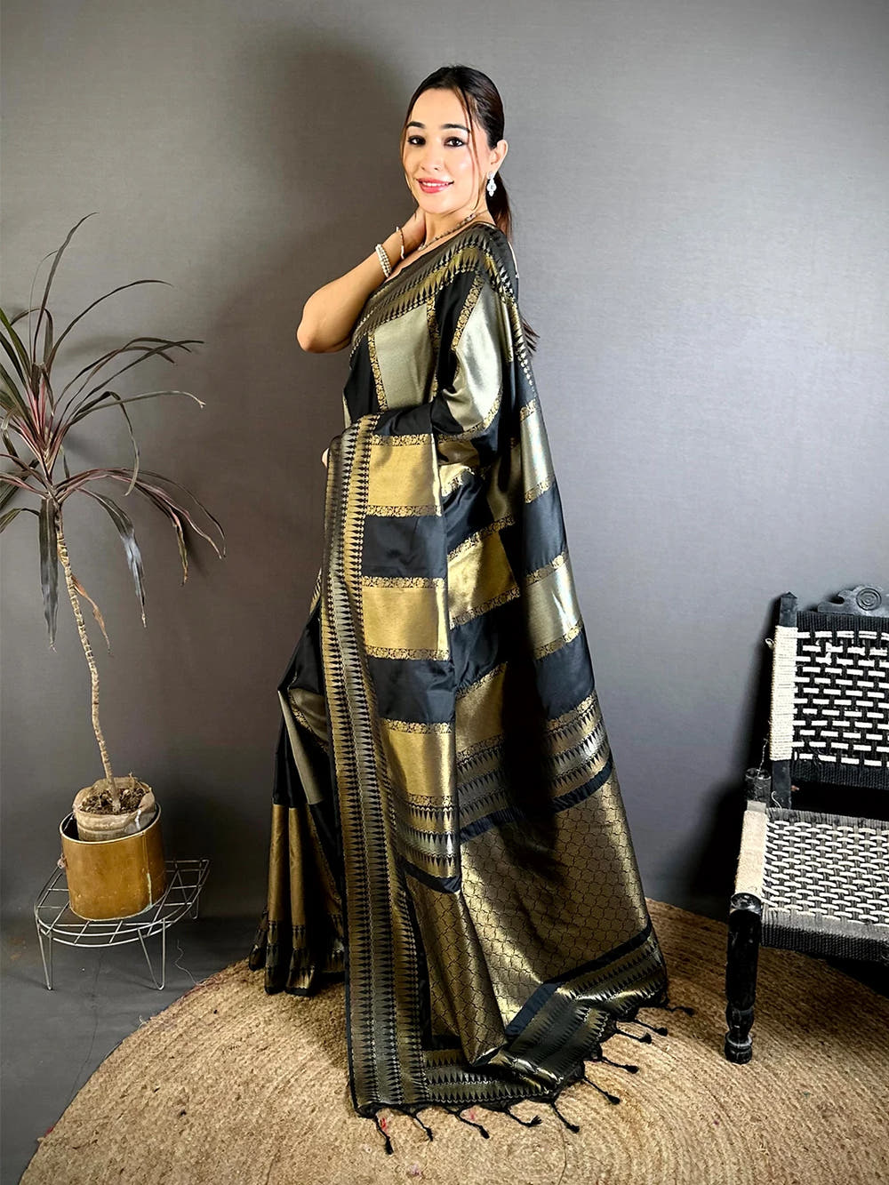 Stylish Black Soft Silk Gold Silver Zari Saree