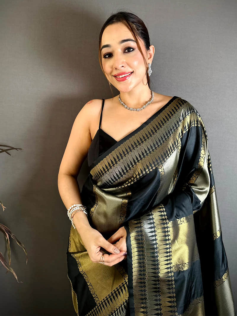 Stylish Black Soft Silk Gold Silver Zari Saree