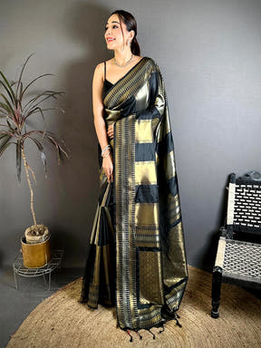 Stylish Black Soft Silk Gold Silver Zari Saree