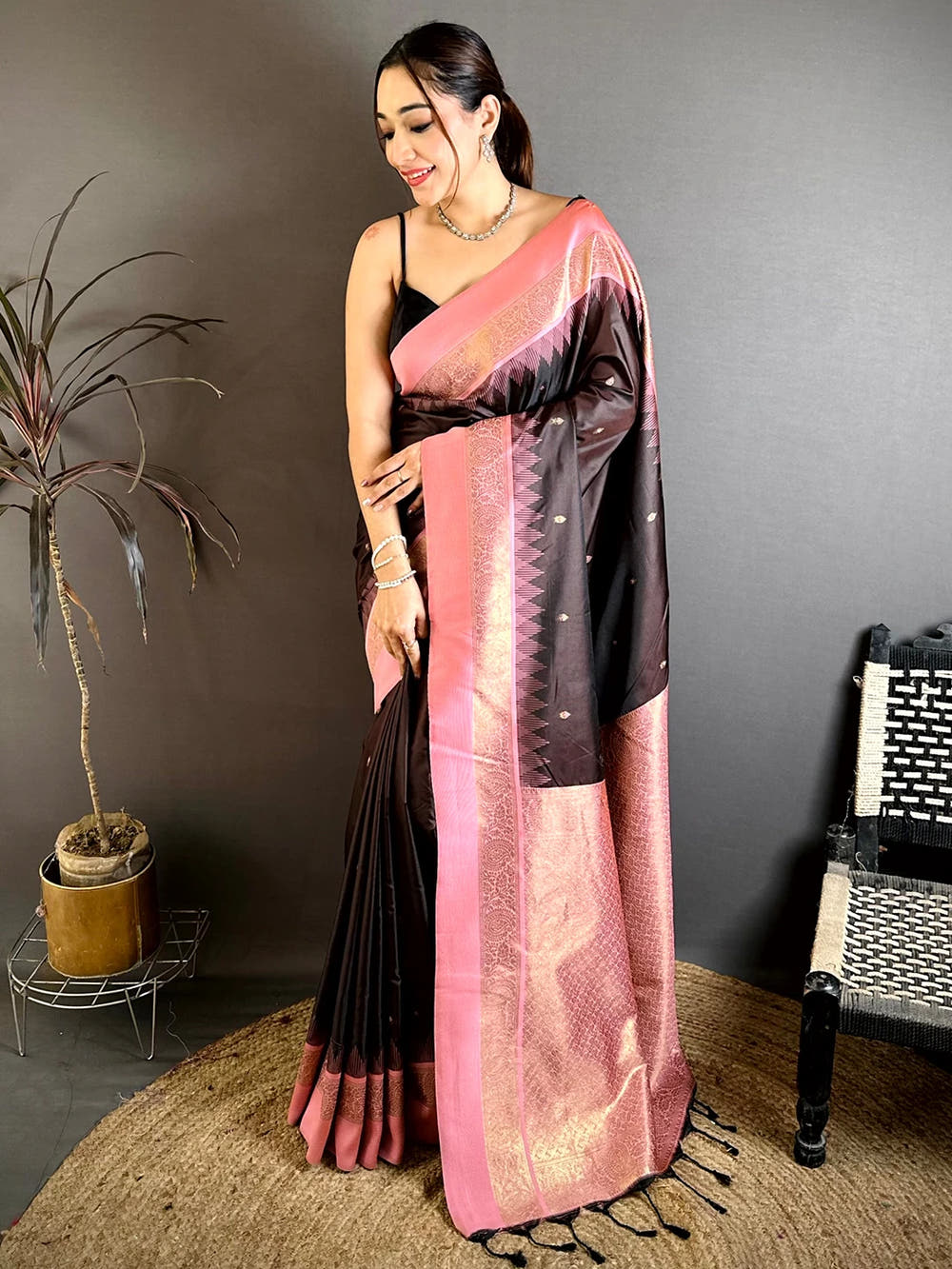 Stylish Brown Peach Gadwal Border Soft Silk Saree