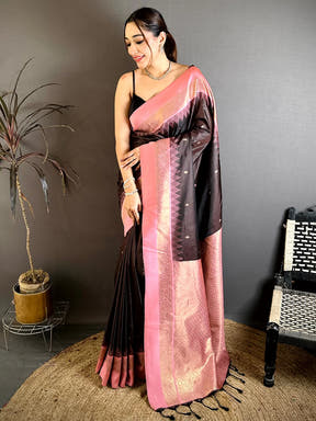 Stylish Brown Peach Gadwal Border Soft Silk Saree