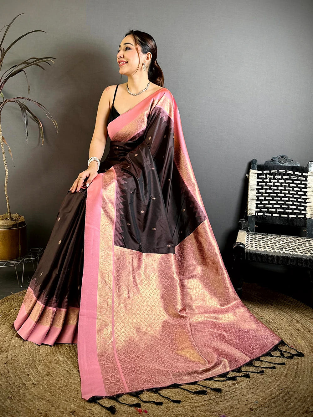 Stylish Brown Peach Gadwal Border Soft Silk Saree