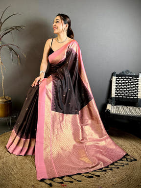 Stylish Brown Peach Gadwal Border Soft Silk Saree