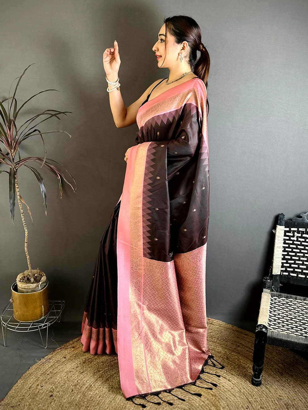 Stylish Brown Peach Gadwal Border Soft Silk Saree