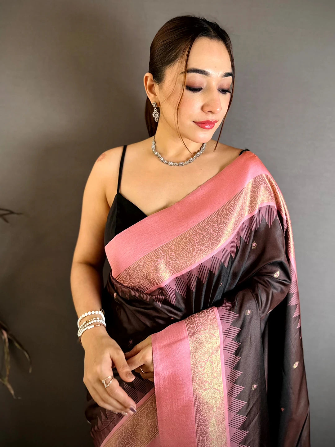 Stylish Brown Peach Gadwal Border Soft Silk Saree