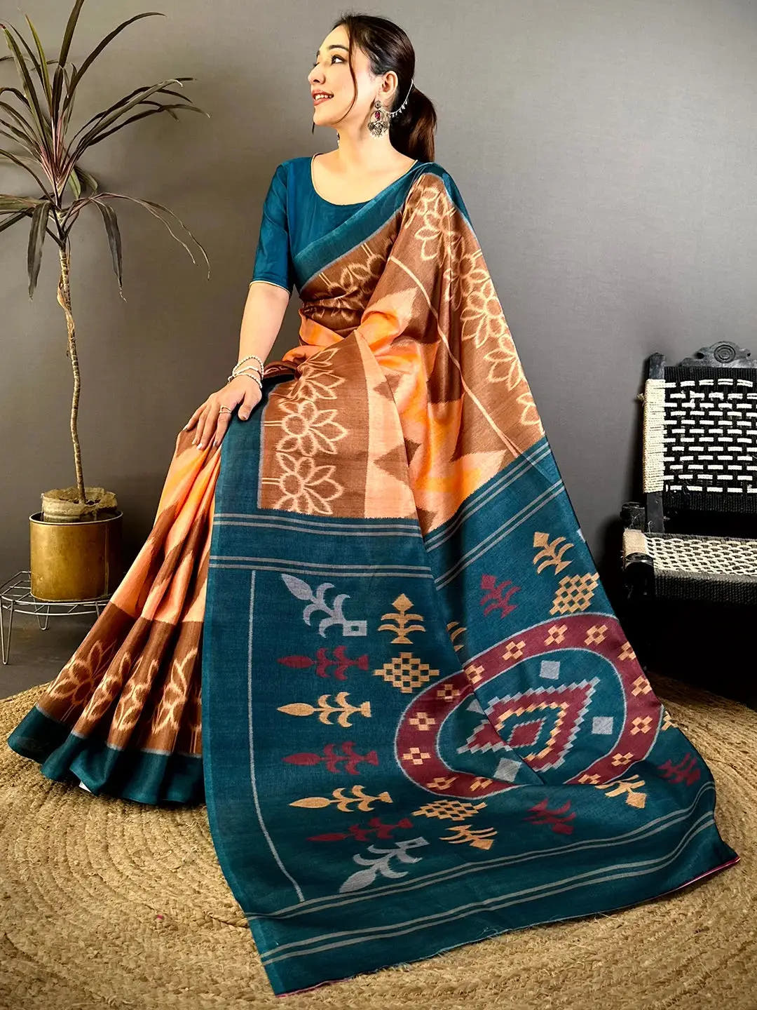 Stylish Ikkat Tussar Designer Saree