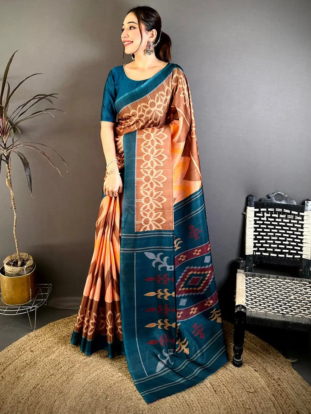 Stylish Ikkat Tussar Designer Saree