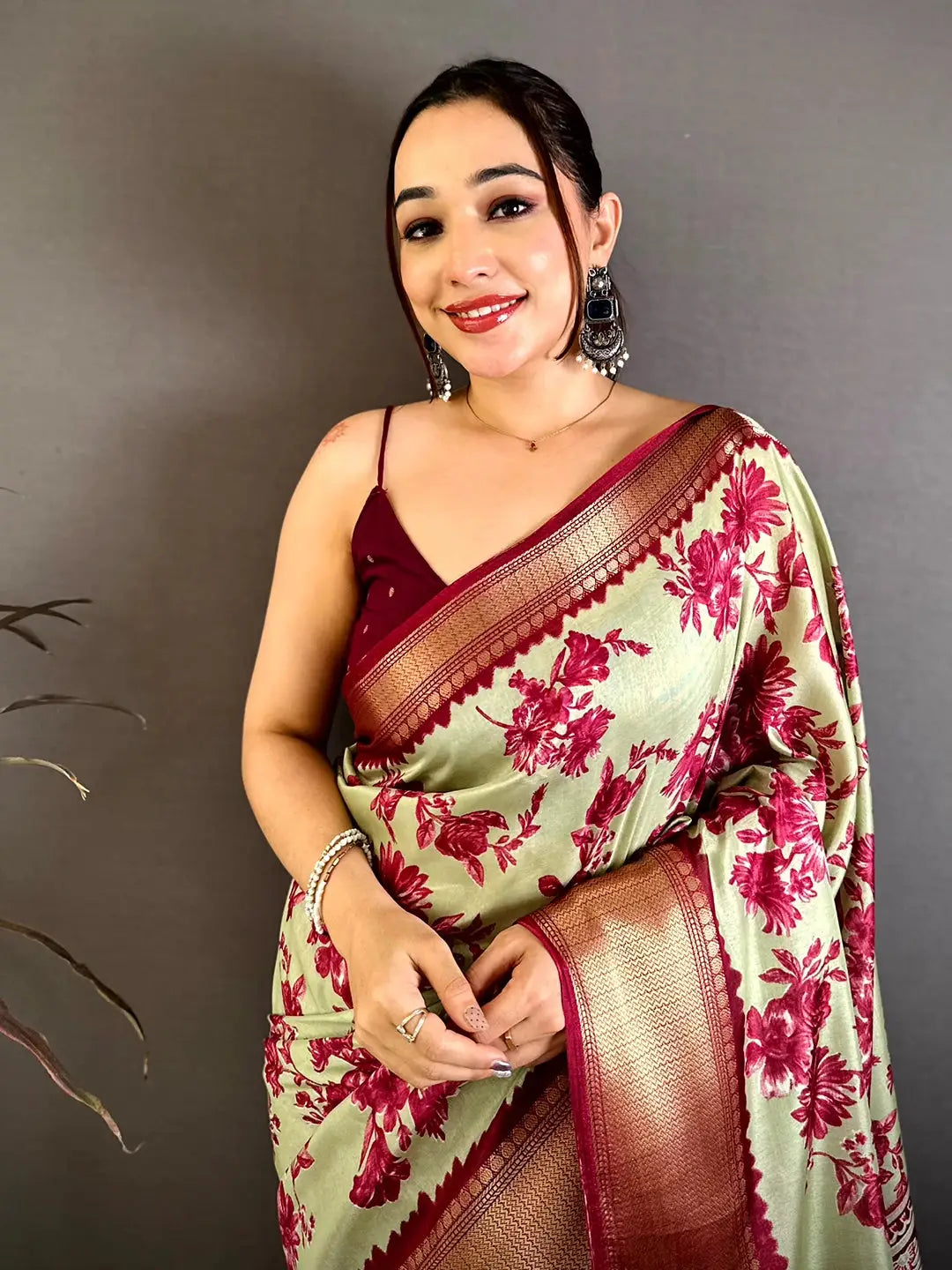 Stylish Pista Floral Print Soft Dola Saree