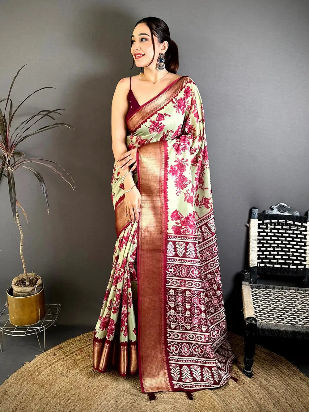 Stylish Pista Floral Print Soft Dola Saree