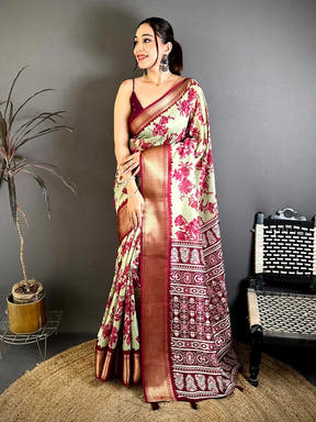 Stylish Pista Floral Print Soft Dola Saree