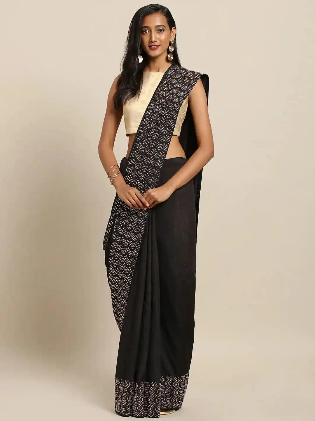 Poly Silk Saree With Embellished Border And Stones Work