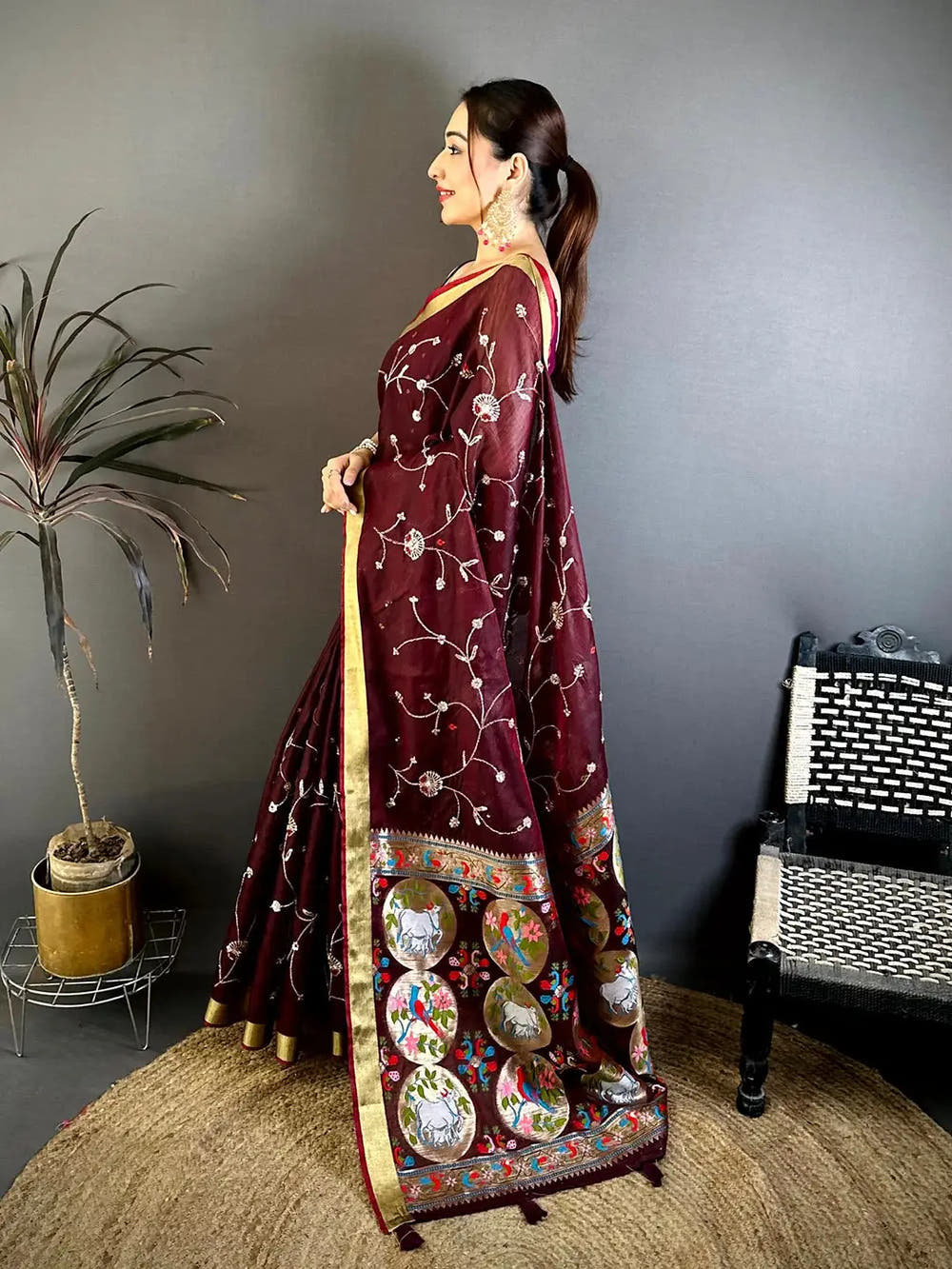 Wine Linen Chanderi Pearl Bead Work Saree