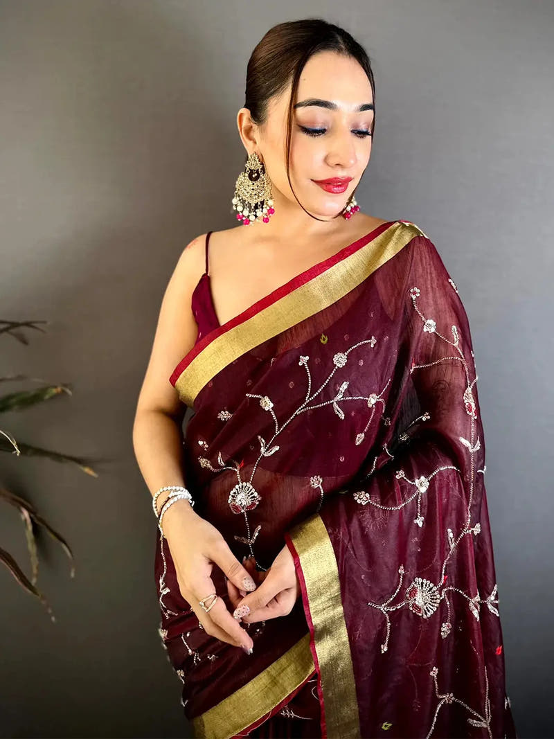 Wine Linen Chanderi Pearl Bead Work Saree