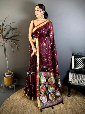 Wine Linen Chanderi Pearl Bead Work Saree