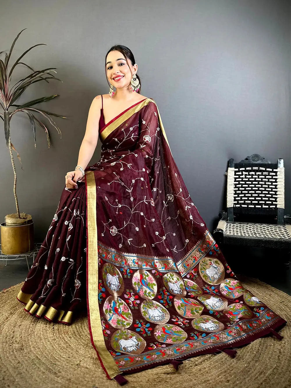 Wine Linen Chanderi Pearl Bead Work Saree