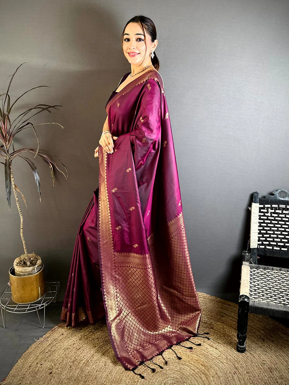 Wine Soft Banarasi Silk Small Zari Border Saree