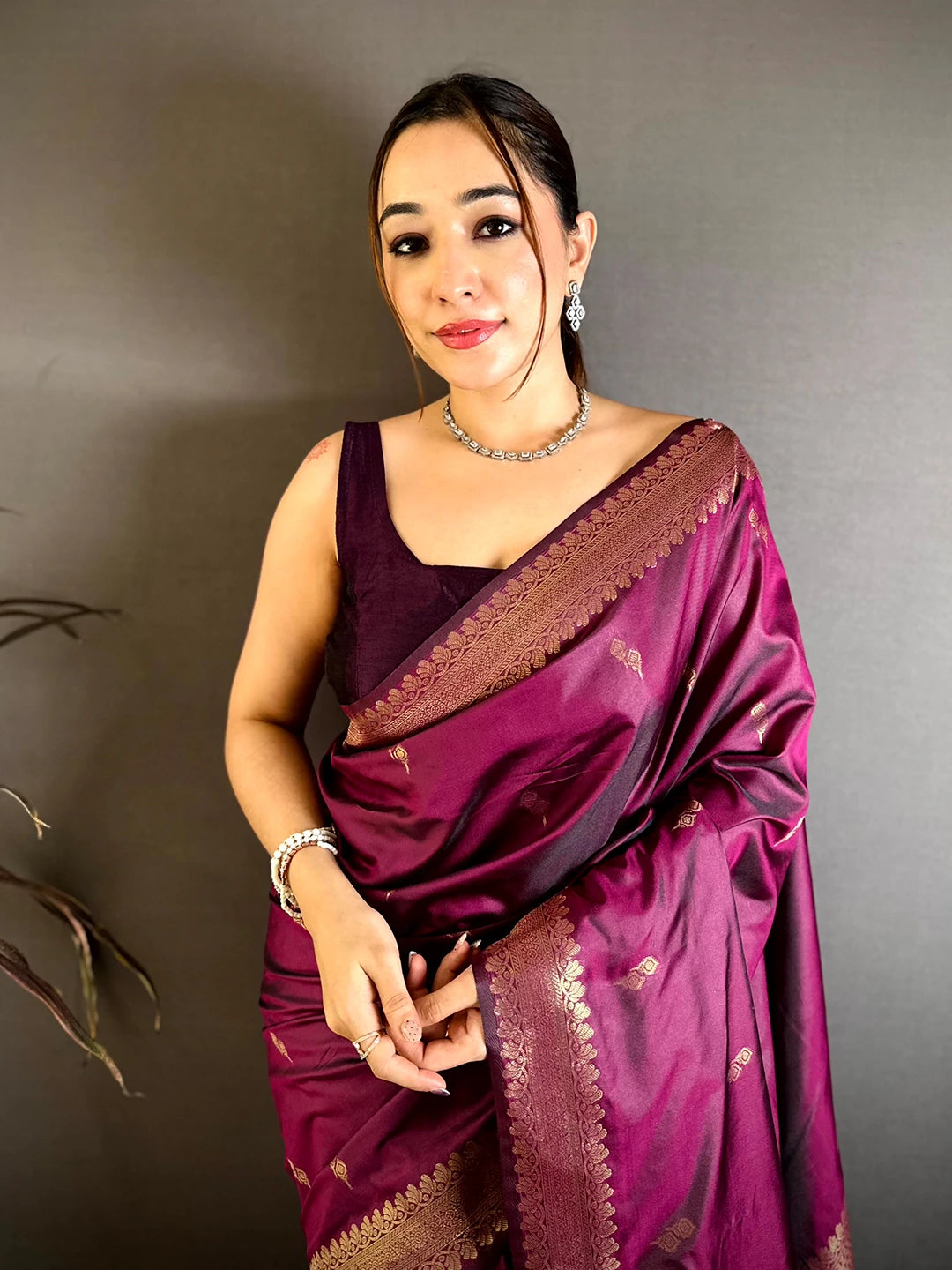 Wine Soft Banarasi Silk Small Zari Border Saree