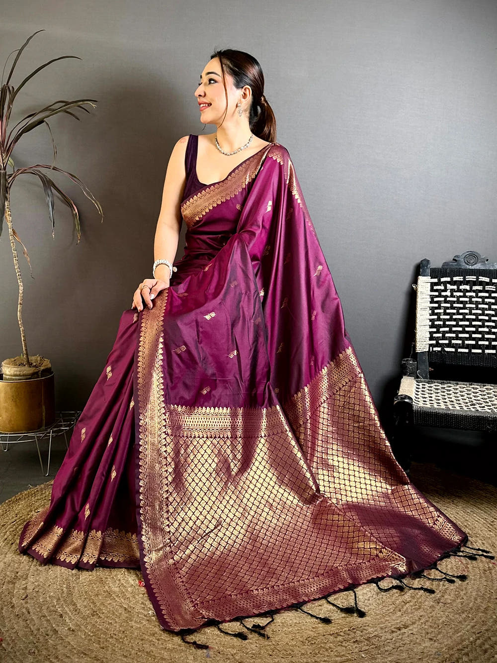 Wine Soft Banarasi Silk Small Zari Border Saree